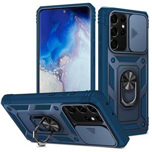 huismerk Voor Samsung Galaxy S21 Ultra 5G Sliding Camera Cover Design TPU + PC Beschermhoes met 360 graden roterende houder en kaartsleuf (blauw + blauw)