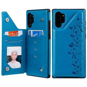 huismerk Voor Galaxy Note 10+ Six Cats Embossing Pattern Protective Case met Holder & Card Slots & Photo Frame(Blue)