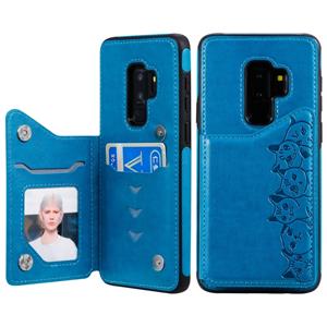 huismerk Voor Galaxy S9+ Six Cats Embossing Pattern Protective Case met Holder & Card Slots & Photo Frame(Blue)