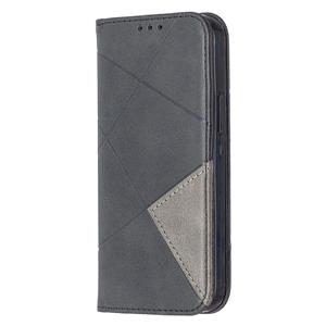 huismerk Voor iPhone 12 Rhombus Textuur Horizontale Flip Magnetic Leather Case met Holder & Card Slots(Zwart)