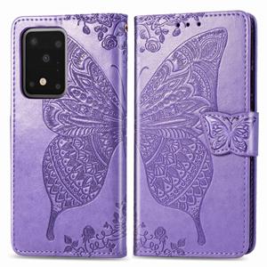 huismerk Voor Samsung Galaxy S20 Ultra Butterfly Love Flower Embossed Horizontale Flip Lederen Case met beugel / Card Slot / Wallet / Lanyard (Light Purple)