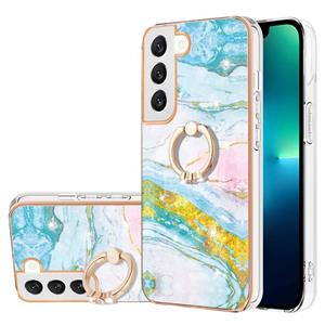 huismerk For Samsung Galaxy S22+ Electroplating Marble IMD TPU Phone Case with Ring Holder(Green 004)