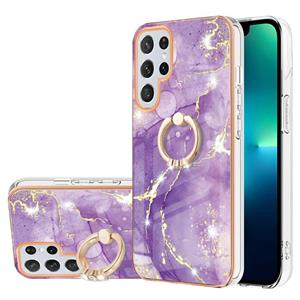 huismerk For Samsung Galaxy S22 Ultra Electroplating Marble IMD TPU Phone Case with Ring Holder(Purple 002)