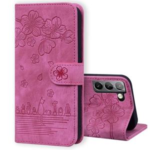 huismerk For Samsung Galaxy S22 5G Cartoon Sakura Cat Embossed Leather Phone Case(Rose Red)