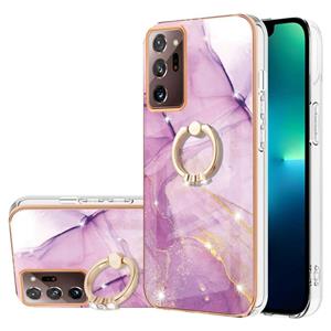 huismerk For Samsung Galaxy Note20 Ultra Electroplating Marble IMD TPU Phone Case with Ring Holder(Purple 001)