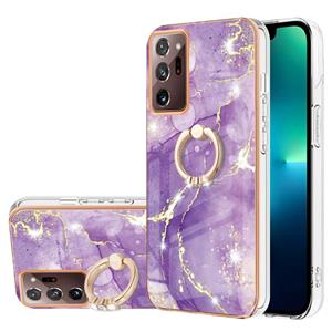 huismerk For Samsung Galaxy Note20 Ultra Electroplating Marble IMD TPU Phone Case with Ring Holder(Purple 002)