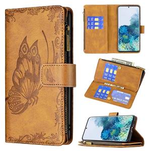 huismerk Voor Samsung Galaxy S20 Vlinder Butterfly Embossing Pattern Rits Horizontale Flip Leren Case met Houder & Card Slots & Portemonnee (Bruin)