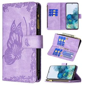 huismerk Voor Samsung Galaxy S20 Flying Butterfly Embossing Pattern Rits Horizontale Flip Leren Case Met Houder & Card Slots & Portemonnee (Paars)