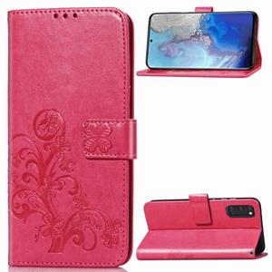 huismerk Voor Galaxy S20 Vierbladige Gesp in reliëf gesp flip lederen zaak met Lanyard & Card Slot & Wallet & Holder(Magenta)