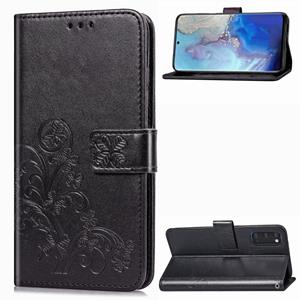 huismerk Voor Galaxy S20 Vierbladige Gesp in reliëf gesp flip lederen zaak met Lanyard & Card Slot & Wallet & Holder(Zwart)