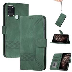 huismerk Voor Samsung Galaxy A21S Cubic Skin Feel Flip Leren Telefoonhoes (Dark Green)