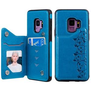 huismerk Voor Galaxy S9 Six Cats Embossing Pattern Protective Case met Holder & Card Slots & Photo Frame(Blue)