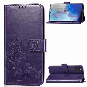 huismerk Voor Galaxy S20 Vierbladige Gesp in reliëf gesp flip lederen zaak met Lanyard & Card Slot & Wallet & Holder (Purple)