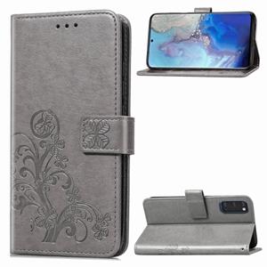 huismerk Voor Galaxy S20 Vierbladige Gesp in reliëf gesp flip lederen zaak met Lanyard & Card Slot & Wallet & Holder (Grijs)