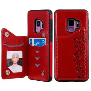 huismerk Voor Galaxy S9 Six Cats Embossing Pattern Protective Case met Holder & Card Slots & Photo Frame(Red)