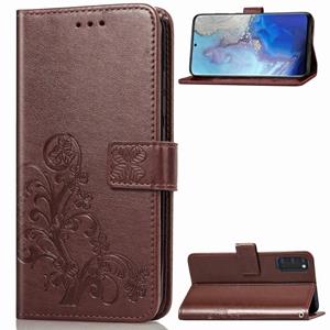 huismerk Voor Galaxy S20 Vierbladige Gesp in reliëf gesp flip lederen zaak met Lanyard & Card Slot & Wallet & Holder (Brown)