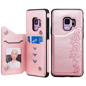 huismerk Voor Galaxy S9 Six Cats Embossing Pattern Protective Case met Holder & Card Slots & Photo Frame(Rose Gold)