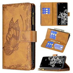 huismerk Voor Samsung Galaxy S20 Ultra Flying Butterfly Embossing Pattern Rits Horizontale Flip Lederen Case met Houder & Card Slots & Portemonnee (Bruin)