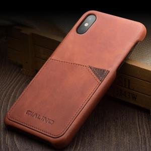 Voor iPhone X / XS QIALINO Schokbestendige cowhide lederen beschermhoes met kaartsleuf (lichtbruin)