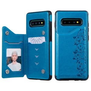 huismerk Voor Galaxy S10+ Six Cats Embossing Pattern Protective Case met Holder & Card Slots & Photo Frame(Blue)