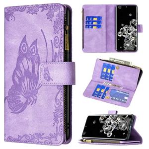 huismerk Voor Samsung Galaxy S20 Ultra Flying Butterfly Embossing Pattern Rits Horizontale Flip Lederen Case met Houder & Card Slots & Portemonnee (Paars)