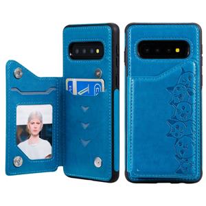 huismerk Voor Galaxy S10 Six Cats Embossing Pattern Protective Case met Holder & Card Slots & Photo Frame(Blue)