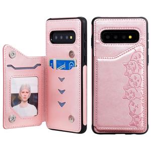 huismerk Voor Galaxy S10 Six Cats Embossing Pattern Protective Case met Holder & Card Slots & Photo Frame(Rose Gold)