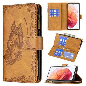 Voor Samsung Galaxy S21 5G Flying Butterfly Embossing Pattern Rits Horizontale Flip Lederen Case met Houder & Card Slots & Portemonnee (Bruin)