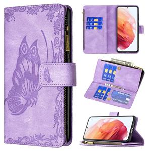 Voor Samsung Galaxy S21 5G Flying Butterfly Embossing Pattern Rits Horizontale Flip Lederen Case met Houder & Card Slots & Portemonnee (Paars)