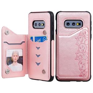 huismerk Voor Galaxy S10e Six Cats Embossing Pattern Protective Case met Holder & Card Slots & Photo Frame(Rose Gold)