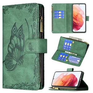 huismerk Voor Samsung Galaxy S21 5G Flying Butterfly Embossing Pattern Rits Horizontale Flip Lederen Case met Houder & Card Slots & Portemonnee (Groen)