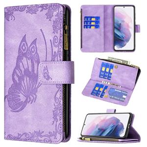 huismerk Voor Samsung Galaxy S21 + 5G Flying Butterfly Embossing Pattern Rits Horizontale Flip Lederen Case Met Houder & Card Slots & Portemonnee (Paars)