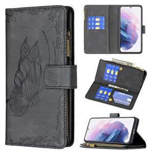 huismerk Voor Samsung Galaxy S21 + 5G Flying Butterfly Embossing Pattern Rits Horizontale Flip Lederen Case met Houder & Card Slots & Portemonnee (Zwart)