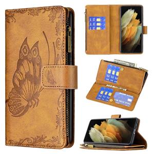 huismerk Voor Samsung Galaxy S21 Ultra 5G Flying Butterfly Embossing Pattern Rits Horizontale Flip Leren Case Met Houder & Card Slots & Portemonnee (Bruin)