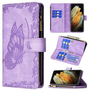 huismerk Voor Samsung Galaxy S21 Ultra 5G Flying Butterfly Embossing Pattern Rits Horizontale Flip Leren Case Met Houder & Card Slots & Portemonnee (Paars)