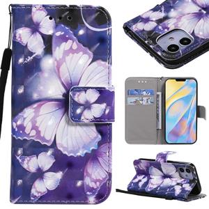 huismerk 3D Painting Horizontal Flip Leather Case met Holder & Card Slot & Lanyard Voor iPhone 12 mini(Paarse Vlinders)