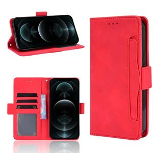 huismerk Huid voelen kalf patroon horizontale flip lederen geval met houder en kaart slots & foto frame voor iPhone 13 (rood)