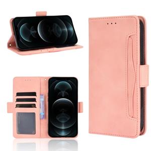 huismerk Huid voelen kalf patroon horizontale flip lederen geval met houder en kaart slots &fotolijst voor iPhone 13 Pro Max (roze)