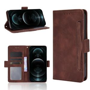 huismerk Skin Feel Calf Pattern Horizontal Flip Leather Case with Holder & Card Slots & Photo Frame For iPhone 13 Pro Max(Brown)