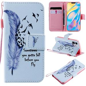 huismerk Schilderij Horizontale Flip Lederen case met houder & kaartslot & lanyard voor iPhone 12 mini(Feather)