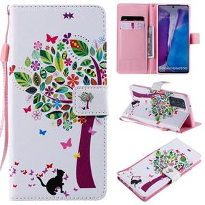 huismerk Voor Samsung Galaxy Note 20 Painting Horizontale Flip Lederen Case met Holder & Card Slot & Lanyard(Cat en Tree)