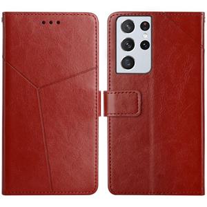 huismerk Voor Samsung Galaxy S21 Ultra 5G Y Stitching Horizontale Flip Leren Case met Houder & Card Slots & Portemonnee & Photo Frame (Brown)