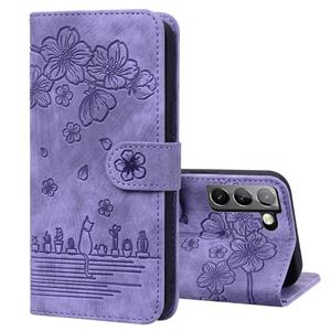 huismerk For Samsung Galaxy S21+ 5G Cartoon Sakura Cat Embossed Leather Phone Case(Purple)