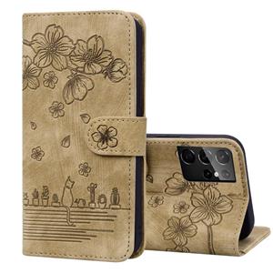 huismerk For Samsung Galaxy S21 Ultra 5G Cartoon Sakura Cat Embossed Leather Phone Case(Brown)