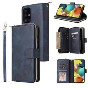 huismerk Voor Samsung Galaxy A52 5G Zipper Portemonnee Bag Horizontale Flip PU Lederen Case met Houder & 9 Kaart Slots & Wallet & Lanyard & Photo Frame (Blauw)