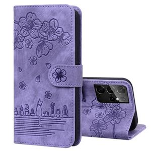 huismerk For Samsung Galaxy S21 Ultra 5G Cartoon Sakura Cat Embossed Leather Phone Case(Purple)