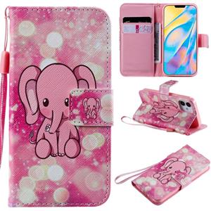 huismerk Schilderij horizontale flip lederen geval met houder & kaart slot & Lanyard voor iPhone 12 mini (roze olifant)