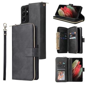 huismerk Voor Samsung Galaxy S21 Ultra Zipper Portemonnee Bag Horizontale Flip PU Lederen Case met Houder & 9 Kaart Slots & Portemonnee & Lanyard & Photo Frame