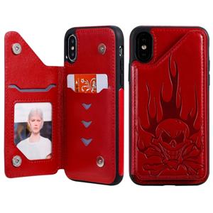 huismerk Voor iPhone XS / X Skull Head Embossing Pattern Shockproof Protective Case met Holder & Card Slots & Wallet(Red)