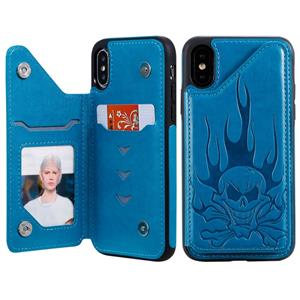 huismerk Voor iPhone XS Max Skull Head Embossing Pattern Shockproof Protective Case met Holder & Card Slots & Wallet(Blue)